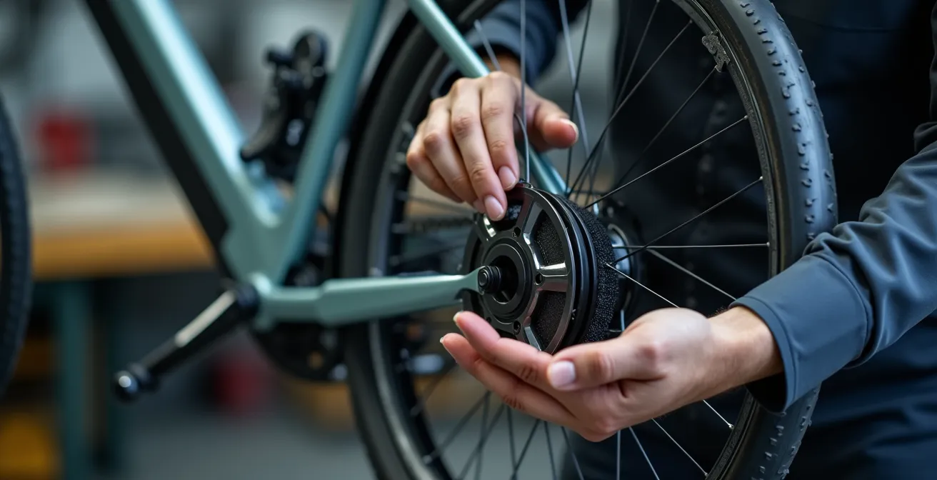 Technicien inspectant un vélo électrique reconditionné dans un atelier professionnel