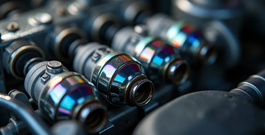 Vue macro détaillée d'injecteurs de carburant et système d'injection moteur avec effet de propreté Vue macro détaillée d'injecteurs de carburant et système d'injection moteur avec effet de propreté